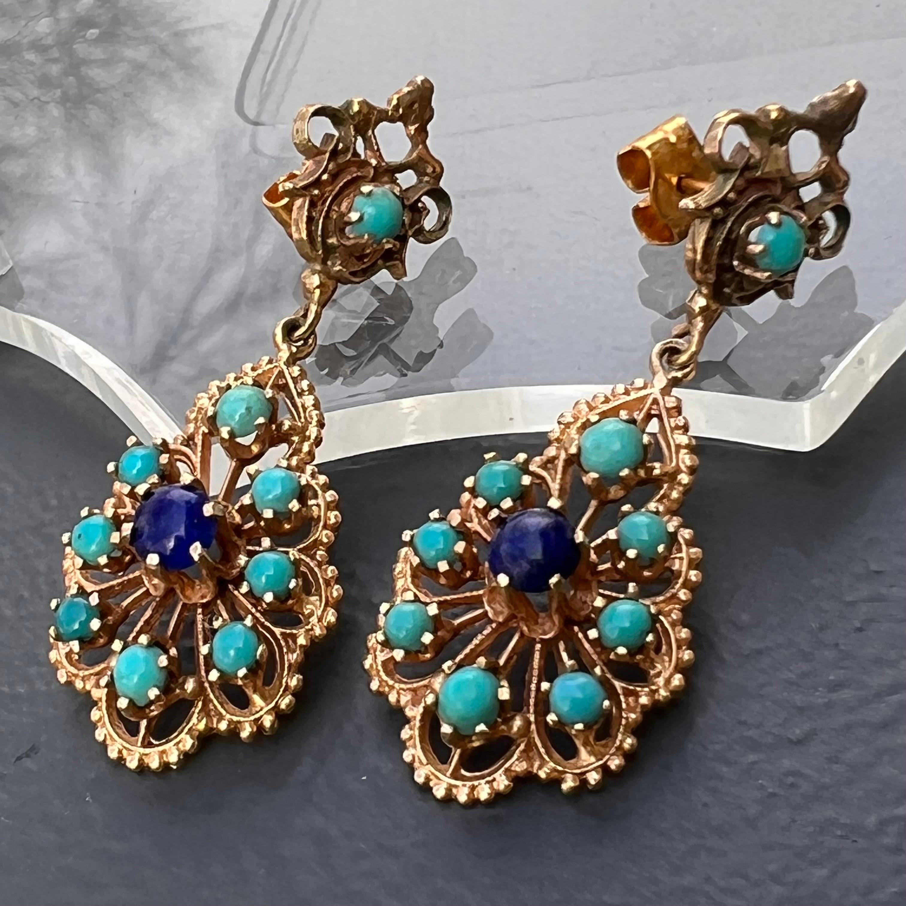 Victorian Lapis Persian Turquoise 14 Karat Gold Dangle Drop Earrings For Sale