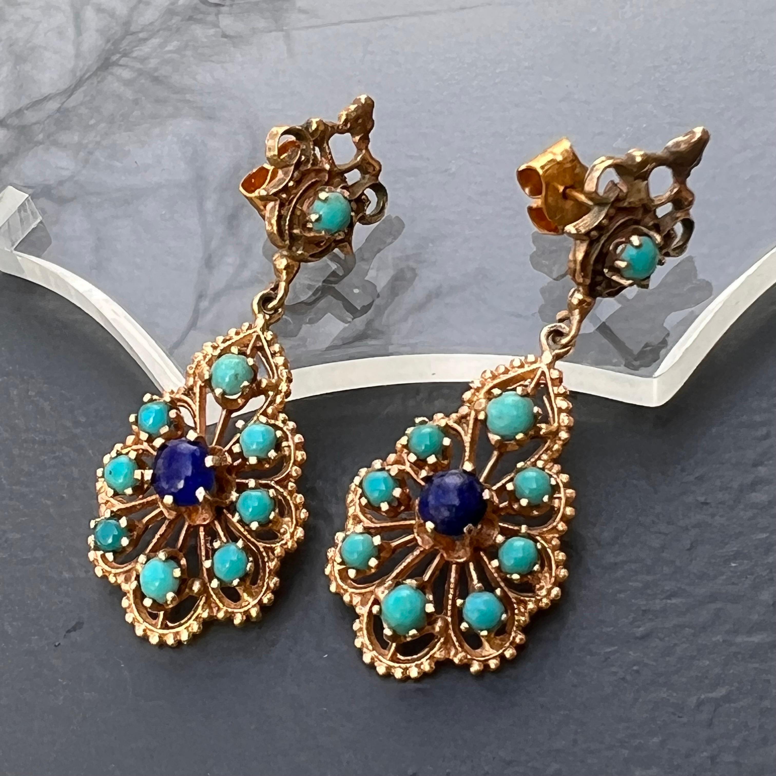 Round Cut Lapis Persian Turquoise 14 Karat Gold Dangle Drop Earrings For Sale