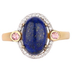Lapis Ring With Pink Tourmaline 4.29 Carats Gold Plated Silver