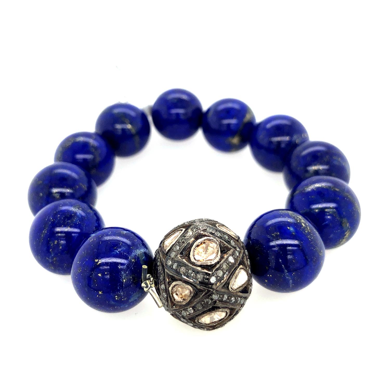 Lapis & Rose Cut Diamond Ball Beaded Bracelet In New Condition For Sale In New York, NY