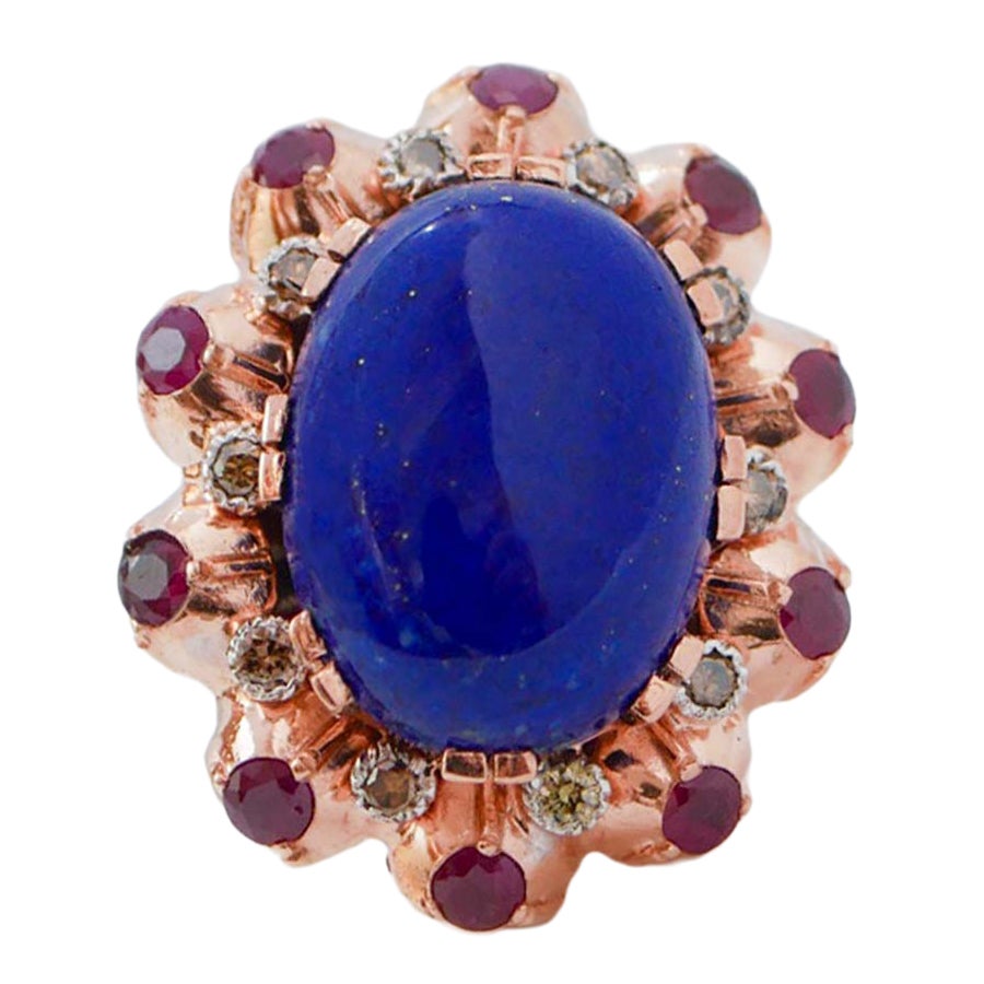 Lapis, Rubies, Diamonds, Rose Gold and Silver Ring.