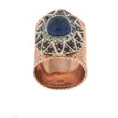 Lapis Ruby 14 Karat Yellow Gold and Silver Diamonds Cocktail Ring