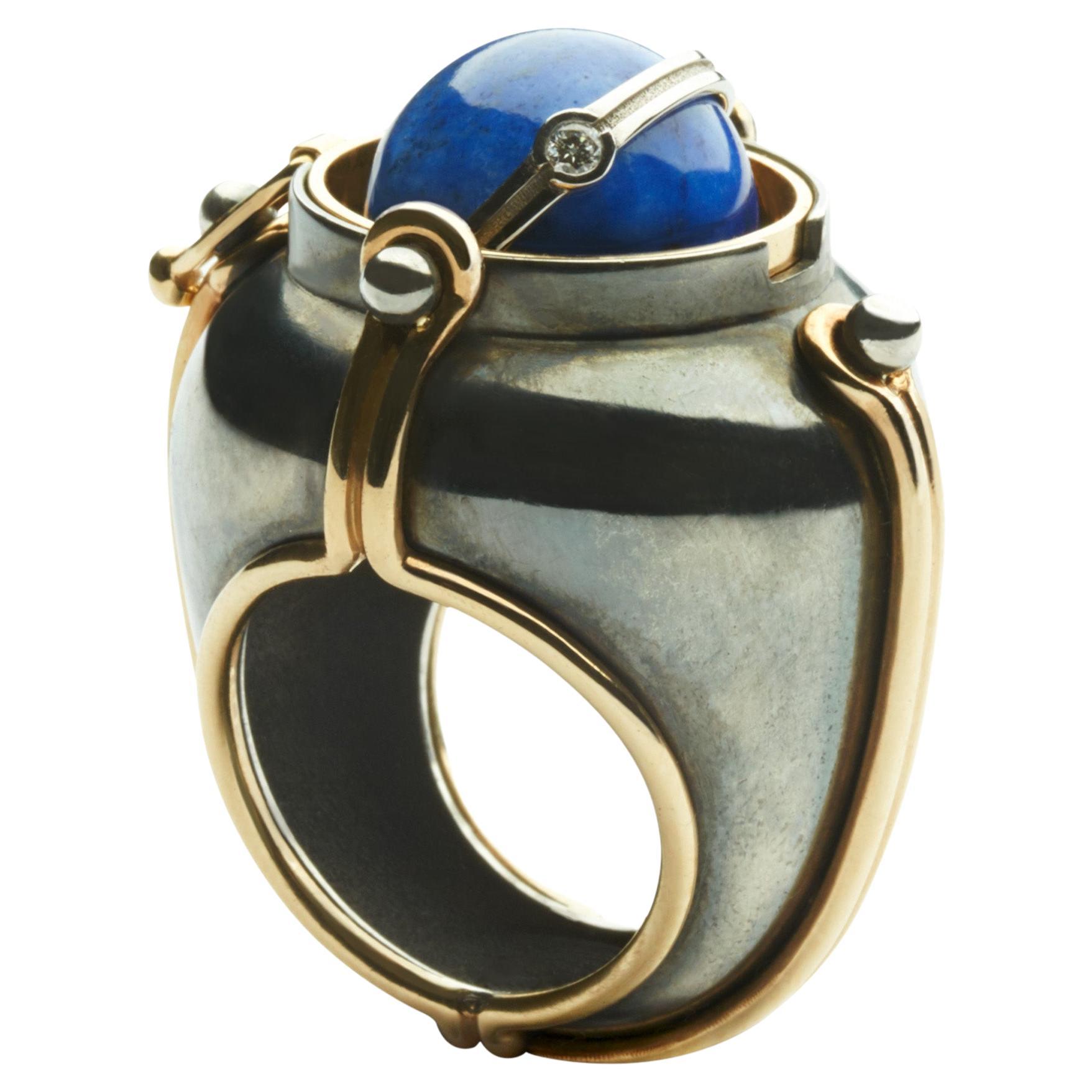 Lapis Scaphandre Ring in 18k Gold & Distressed Silver by Elie Top For Sale