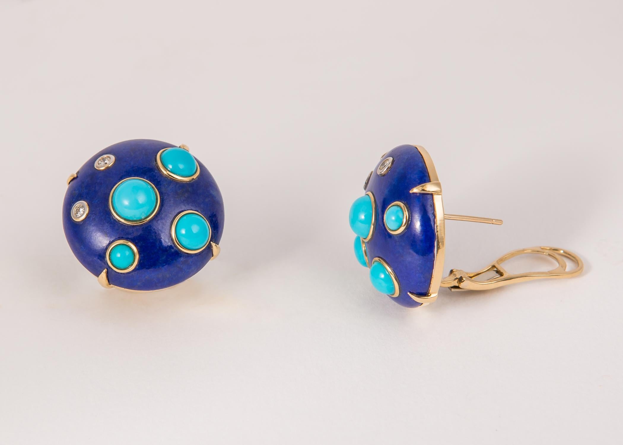 Rich lapis is paired with turquoise and accented with brilliant cut diamonds. A fun playful design. 7/8's of an inch in size.
