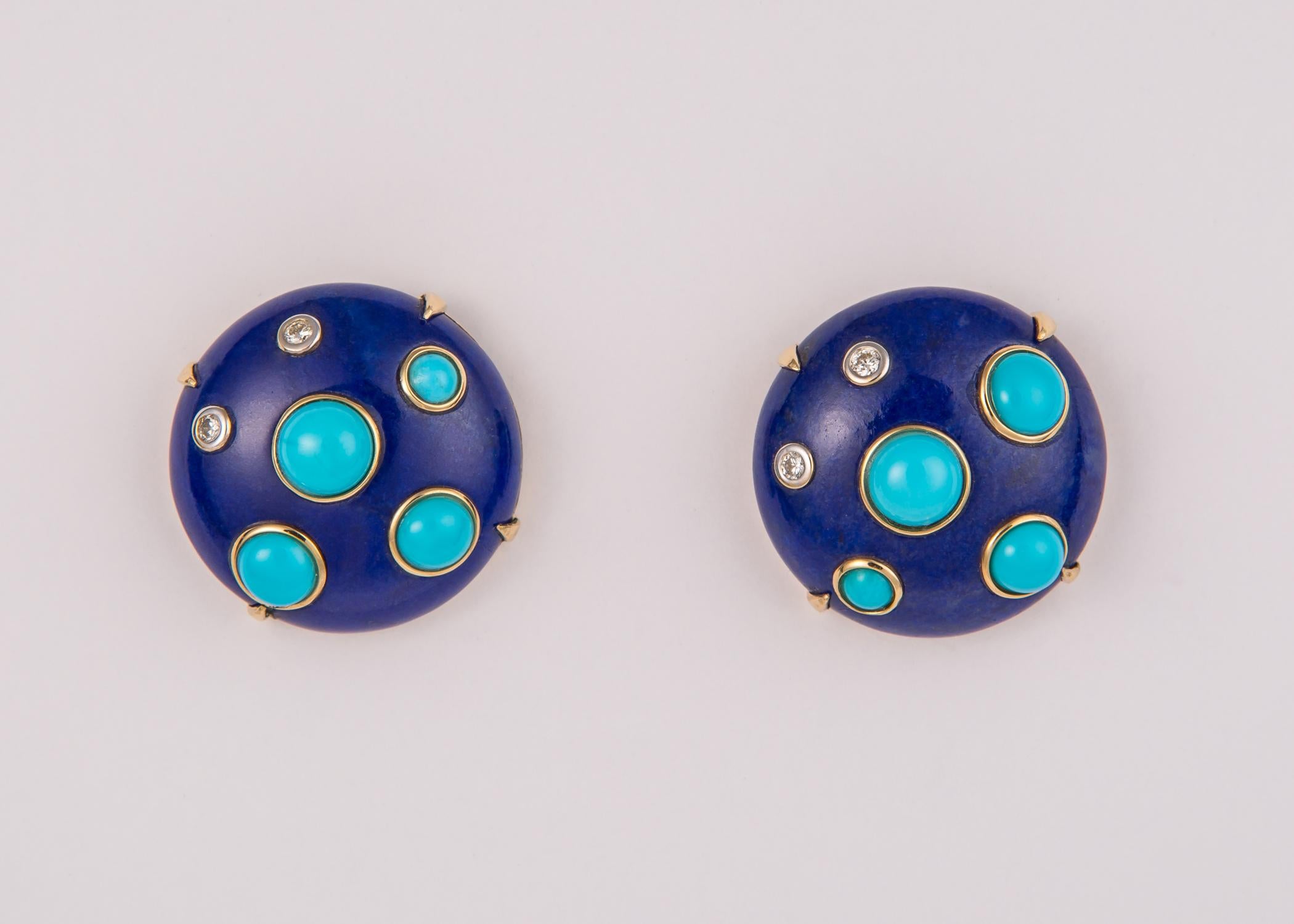 Contemporary Lapis Turquoise and Diamond Earrings