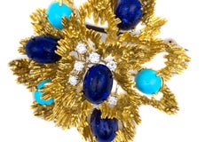 Lapis, Turquoise, and Diamond Floral Brooch