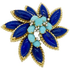 Lapis, Turquoise, and Diamond Floral Brooch