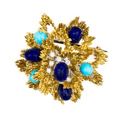 Lapis, Turquoise, and Diamond Floral Brooch