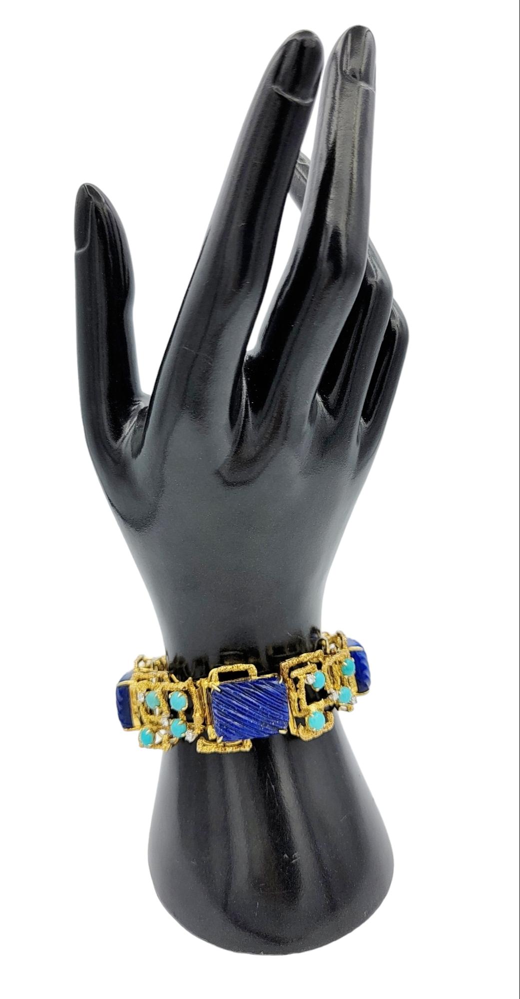 Lapis, Turquoise and Diamond Geometric Textured 14 Karat Yellow Gold Bracelet For Sale 4