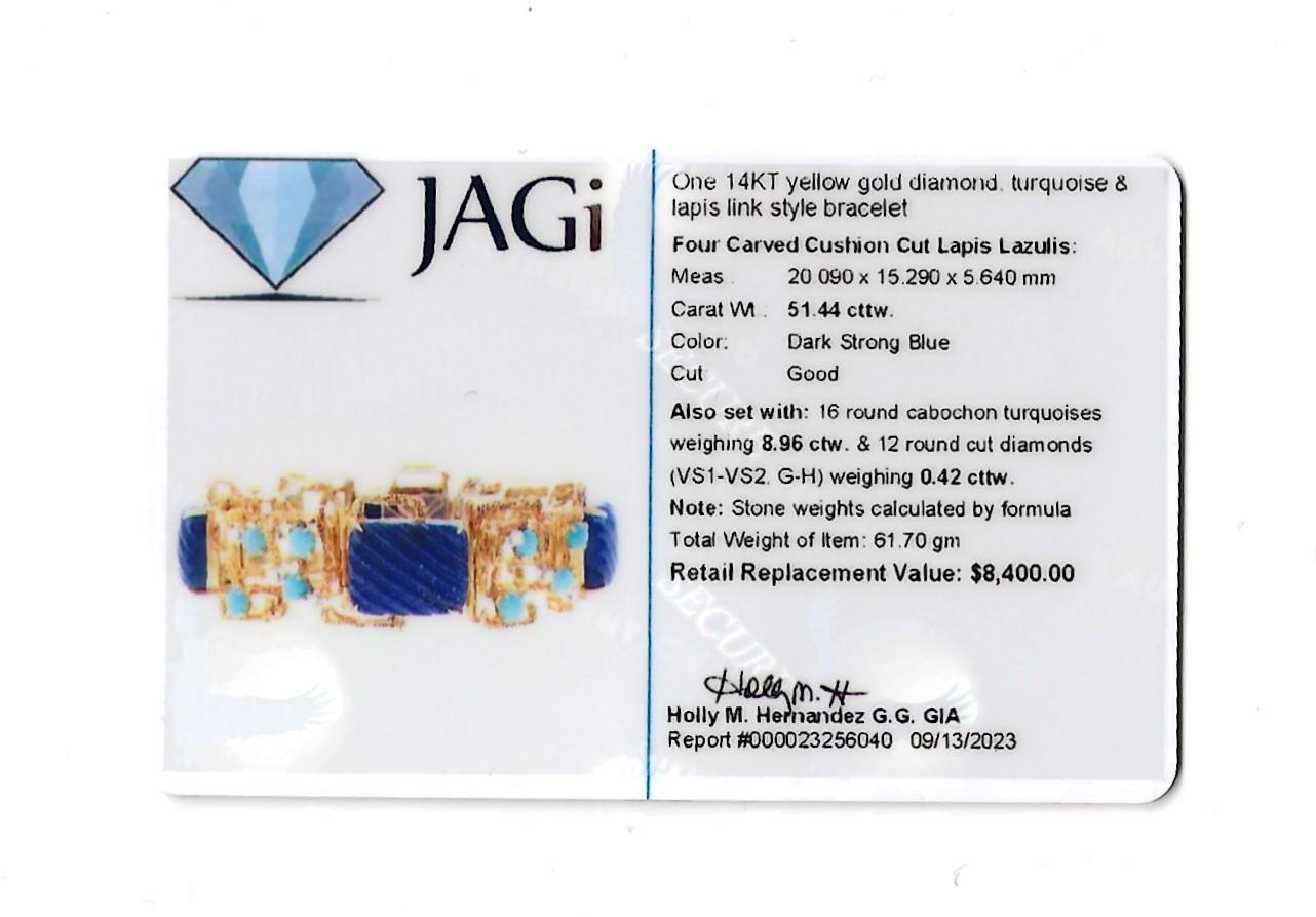 Lapis, Turquoise and Diamond Geometric Textured 14 Karat Yellow Gold Bracelet For Sale 5