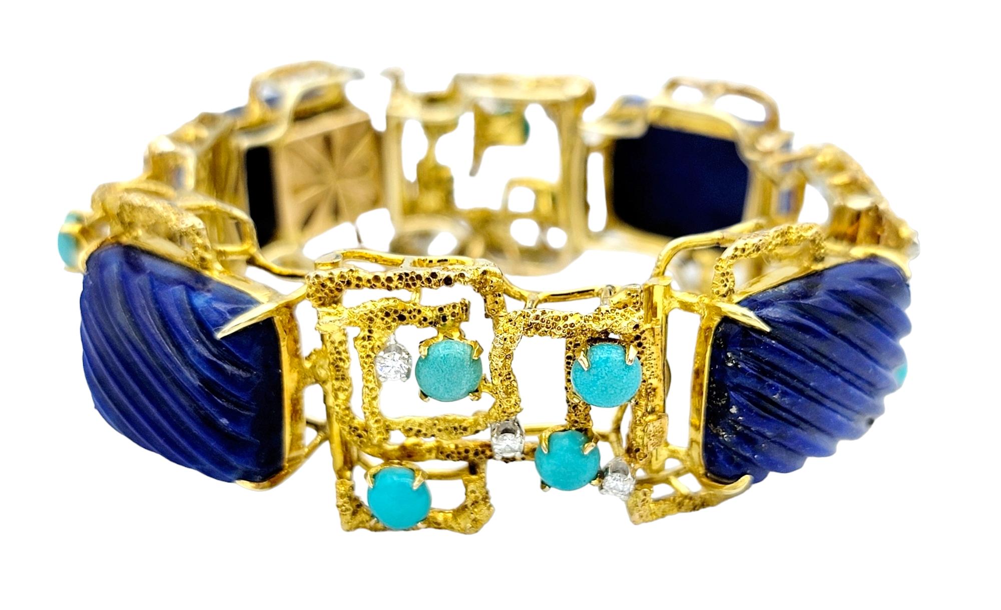 Contemporary Lapis, Turquoise and Diamond Geometric Textured 14 Karat Yellow Gold Bracelet For Sale