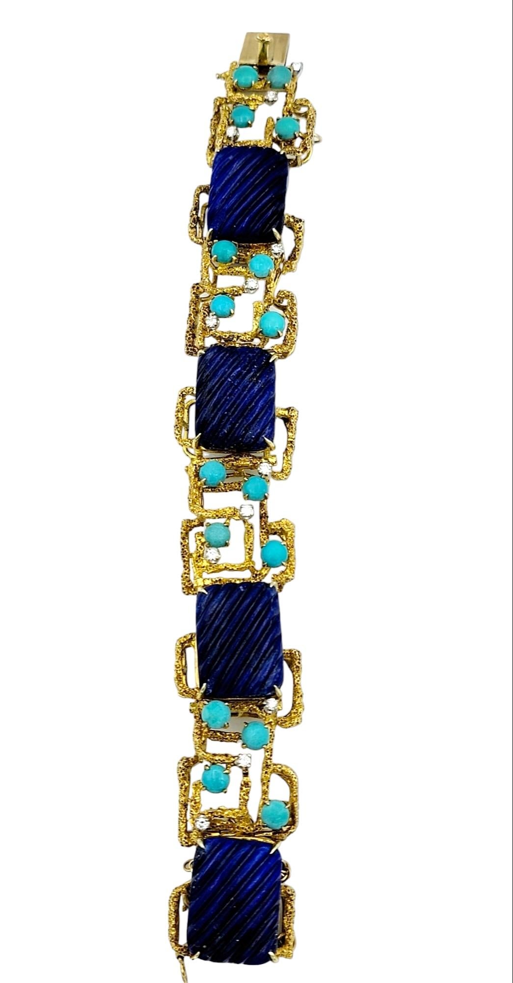 Lapis, Turquoise and Diamond Geometric Textured 14 Karat Yellow Gold Bracelet In Good Condition For Sale In Scottsdale, AZ