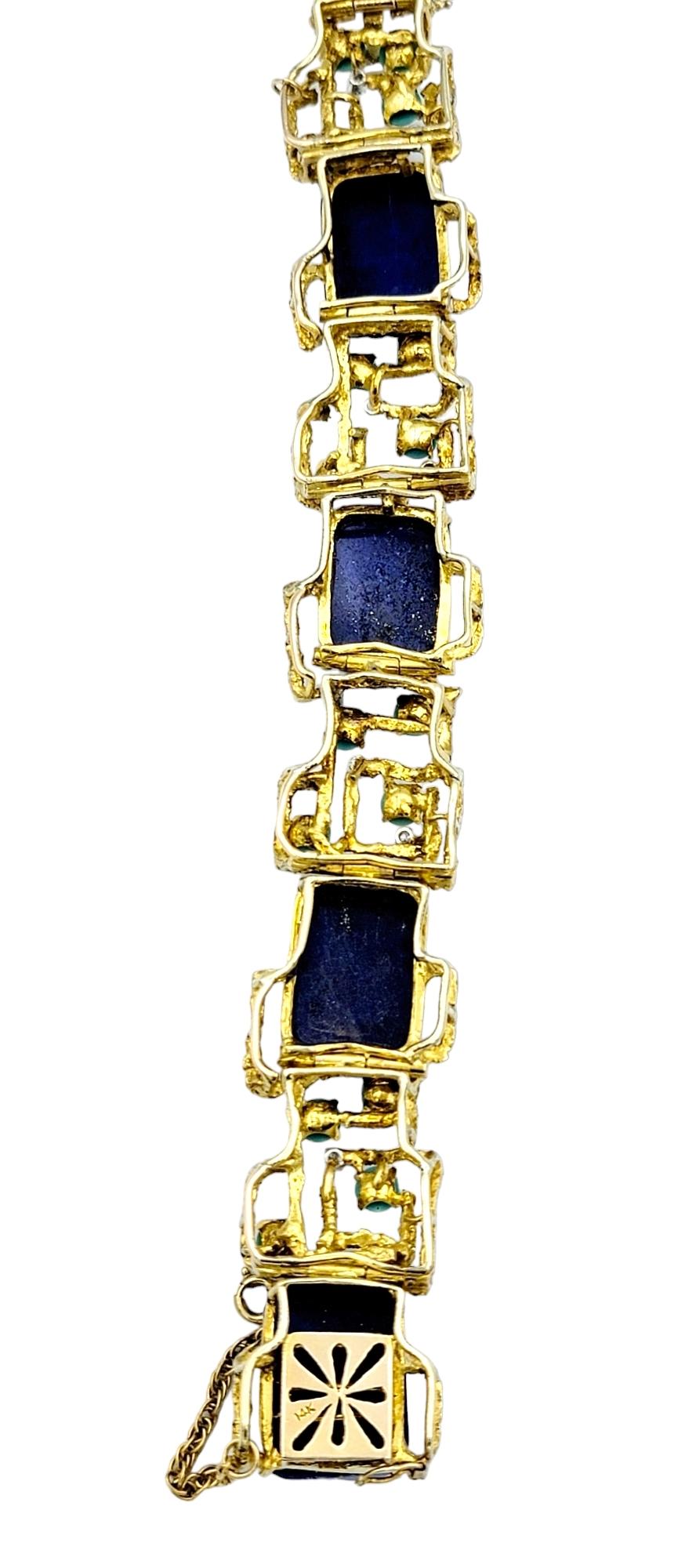 Women's Lapis, Turquoise and Diamond Geometric Textured 14 Karat Yellow Gold Bracelet For Sale