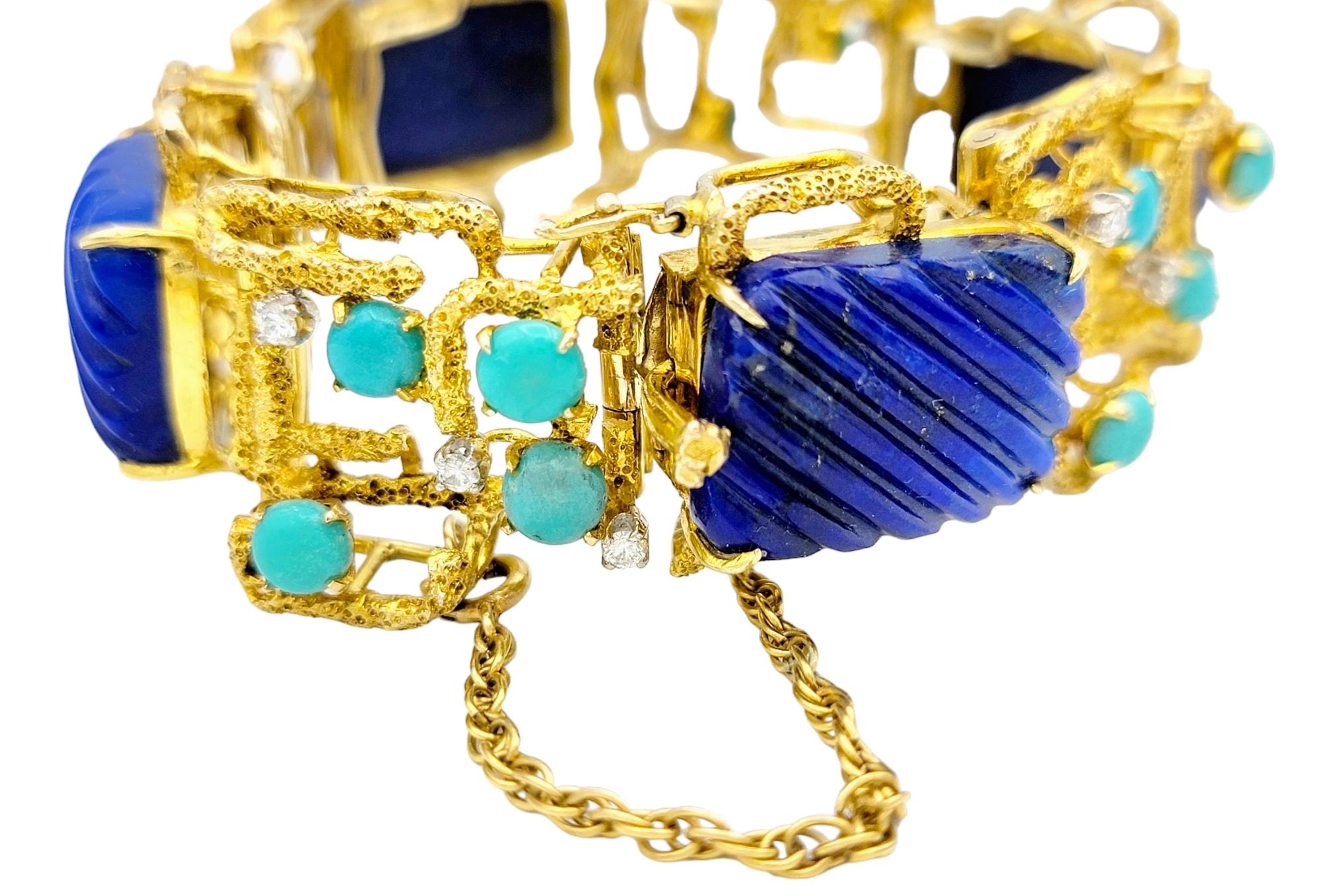 Lapis, Turquoise and Diamond Geometric Textured 14 Karat Yellow Gold Bracelet For Sale 1
