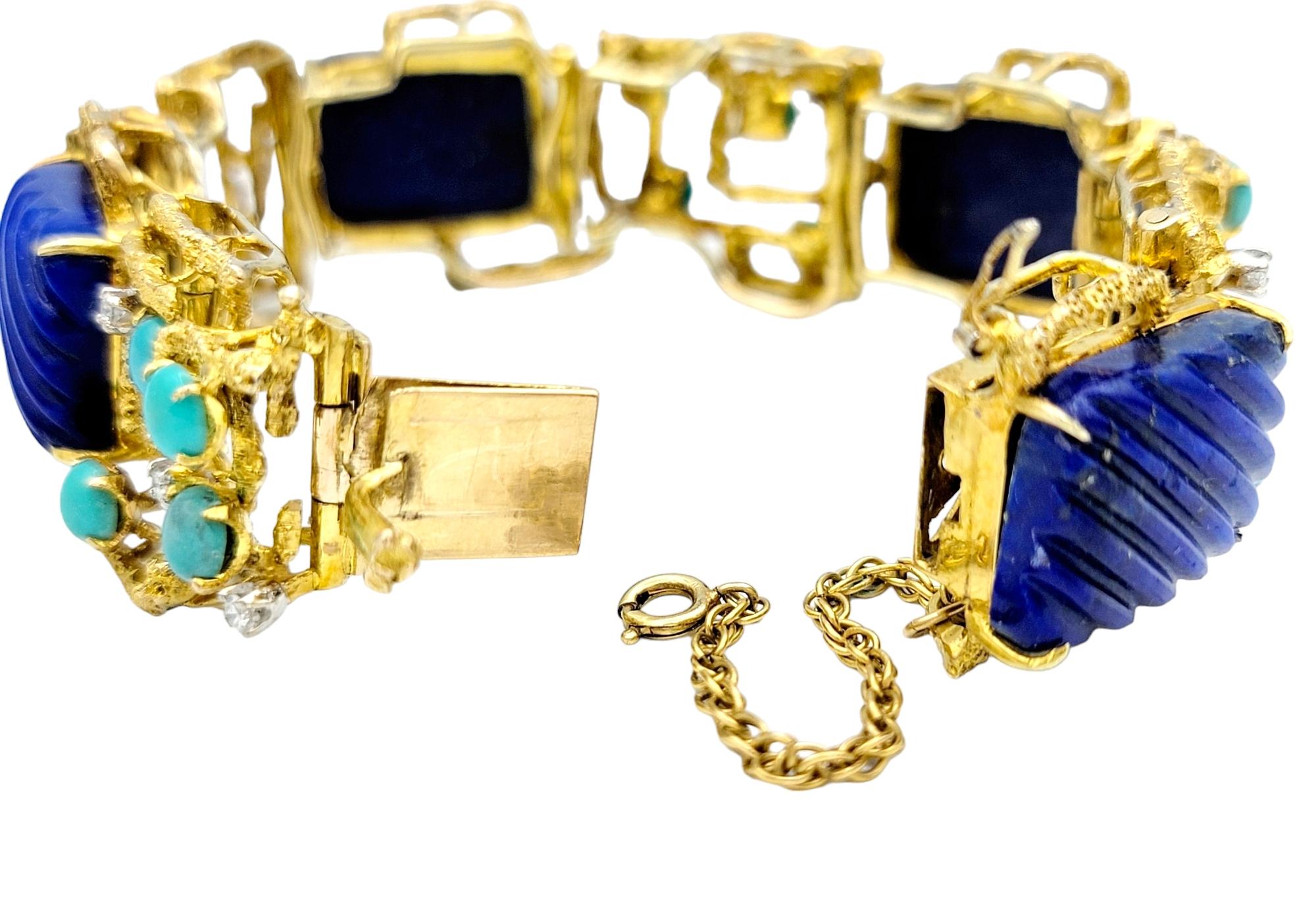 Lapis, Turquoise and Diamond Geometric Textured 14 Karat Yellow Gold Bracelet For Sale 2