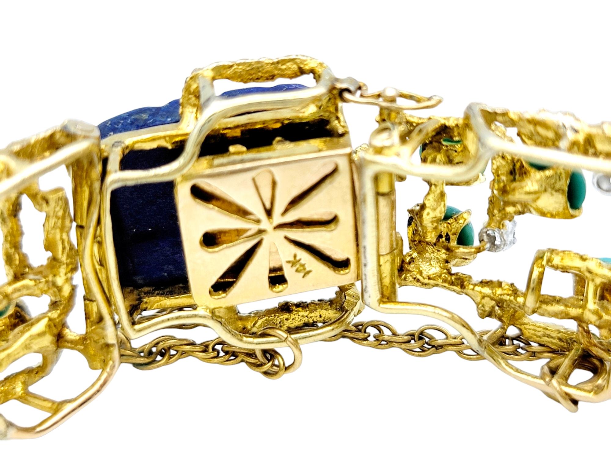 Lapis, Turquoise and Diamond Geometric Textured 14 Karat Yellow Gold Bracelet For Sale 3