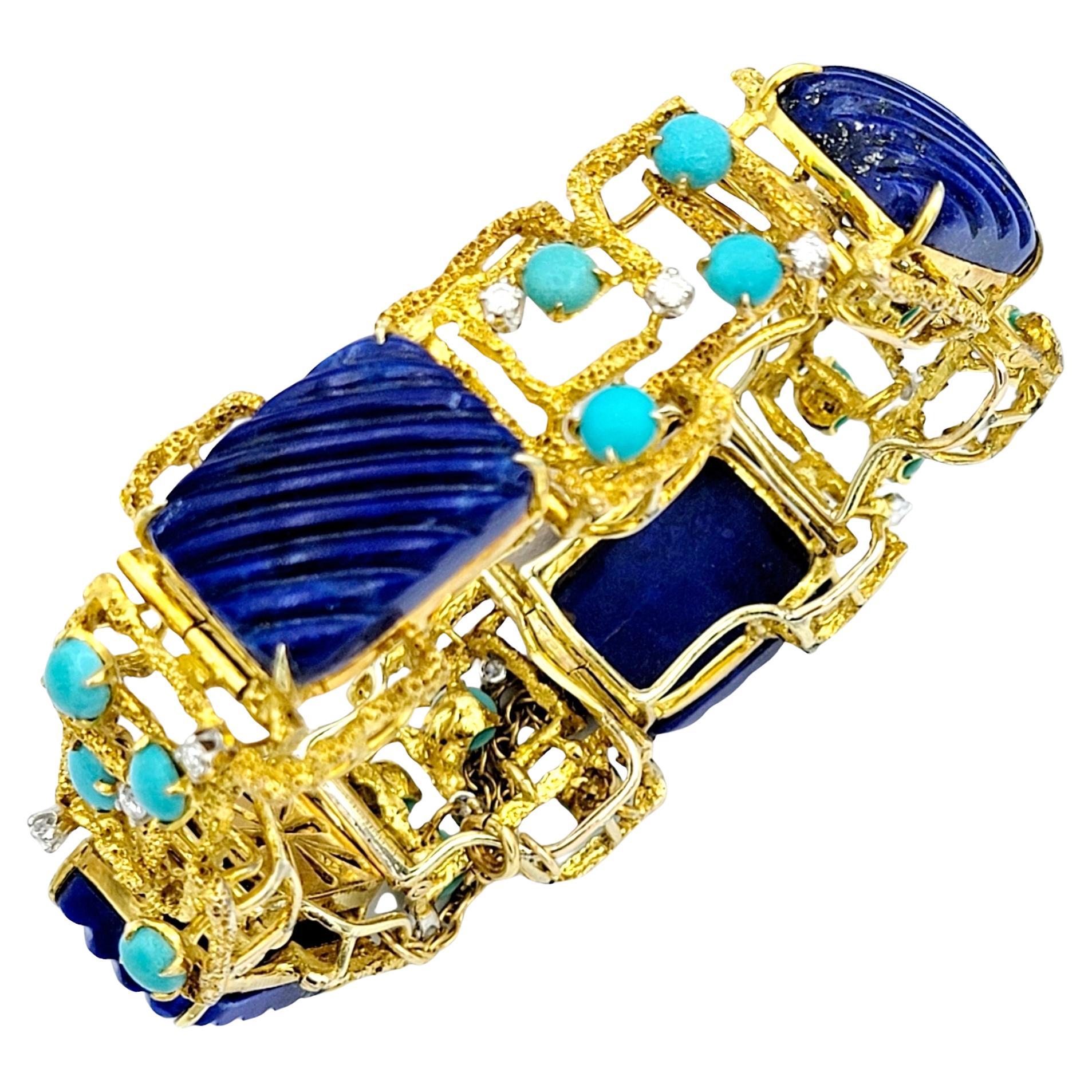 Lapis, Turquoise and Diamond Geometric Textured 14 Karat Yellow Gold Bracelet For Sale