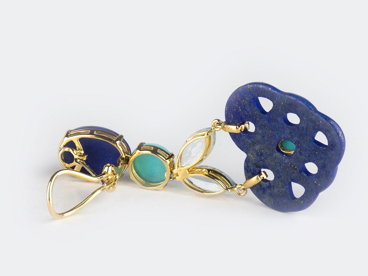 18k gold Lapis, Turquoise. Aquamarine, and Diamond ear pendants.