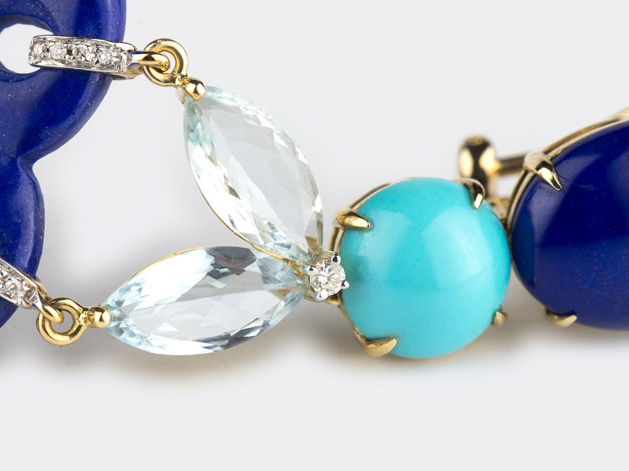 Lapis, Turquoise, Aquamarine and Diamond Ear Pendants In Good Condition In San Antonio, TX