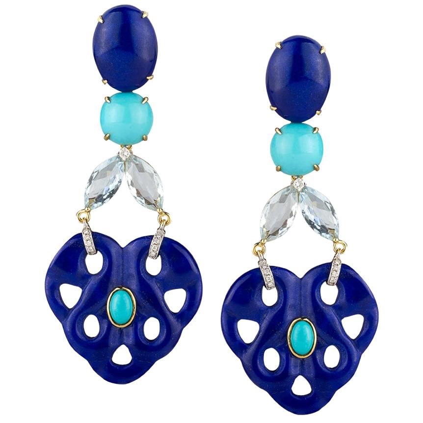 Lapis, Turquoise, Aquamarine and Diamond Ear Pendants