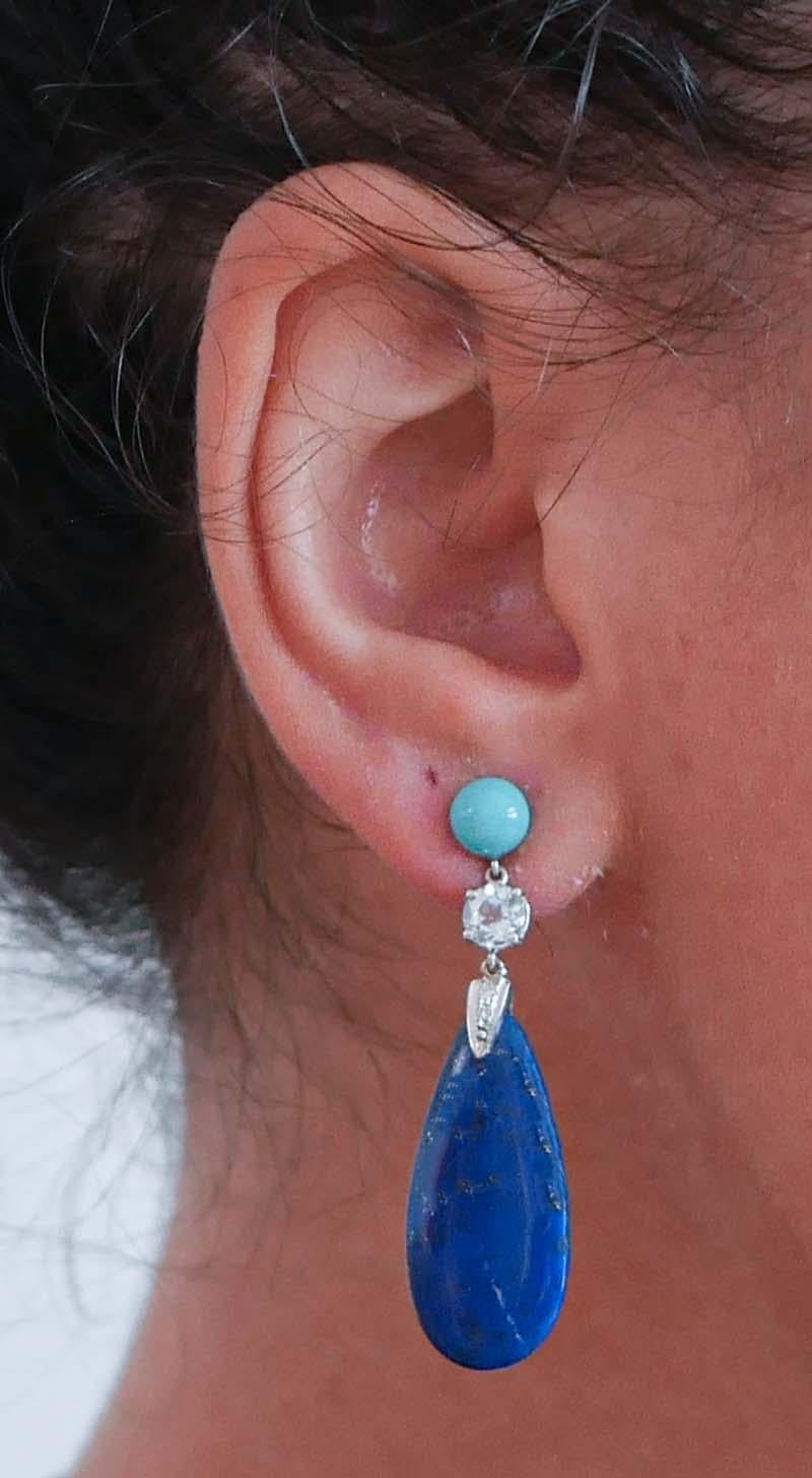 Lapis, Turquoise, Aquamarine, Diamonds, Platinum Earrings. In Good Condition In Marcianise, Marcianise (CE)