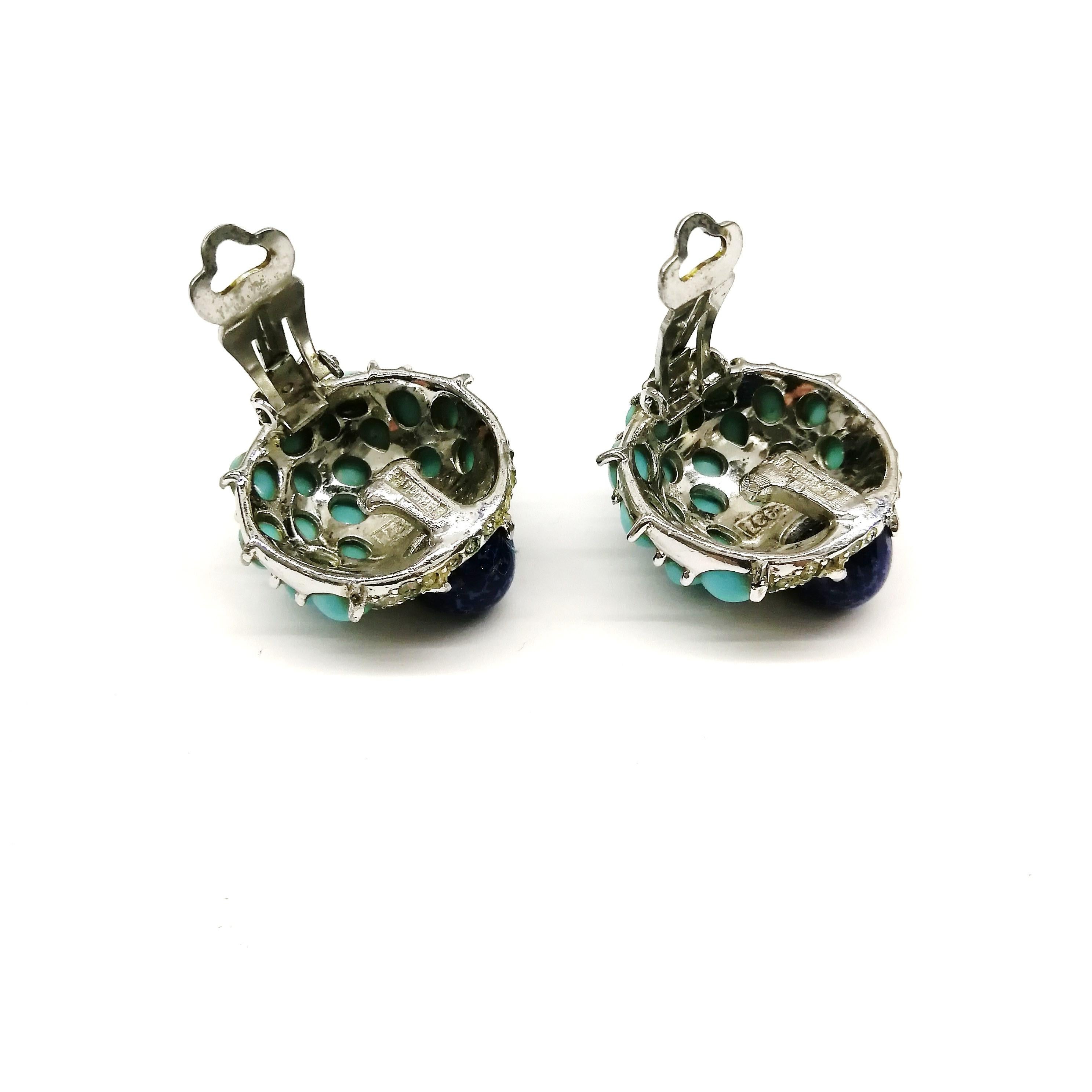 Lapis, turquoise cabochon, clear paste 'cluster' earrings, Marcel Boucher, 1960s 2