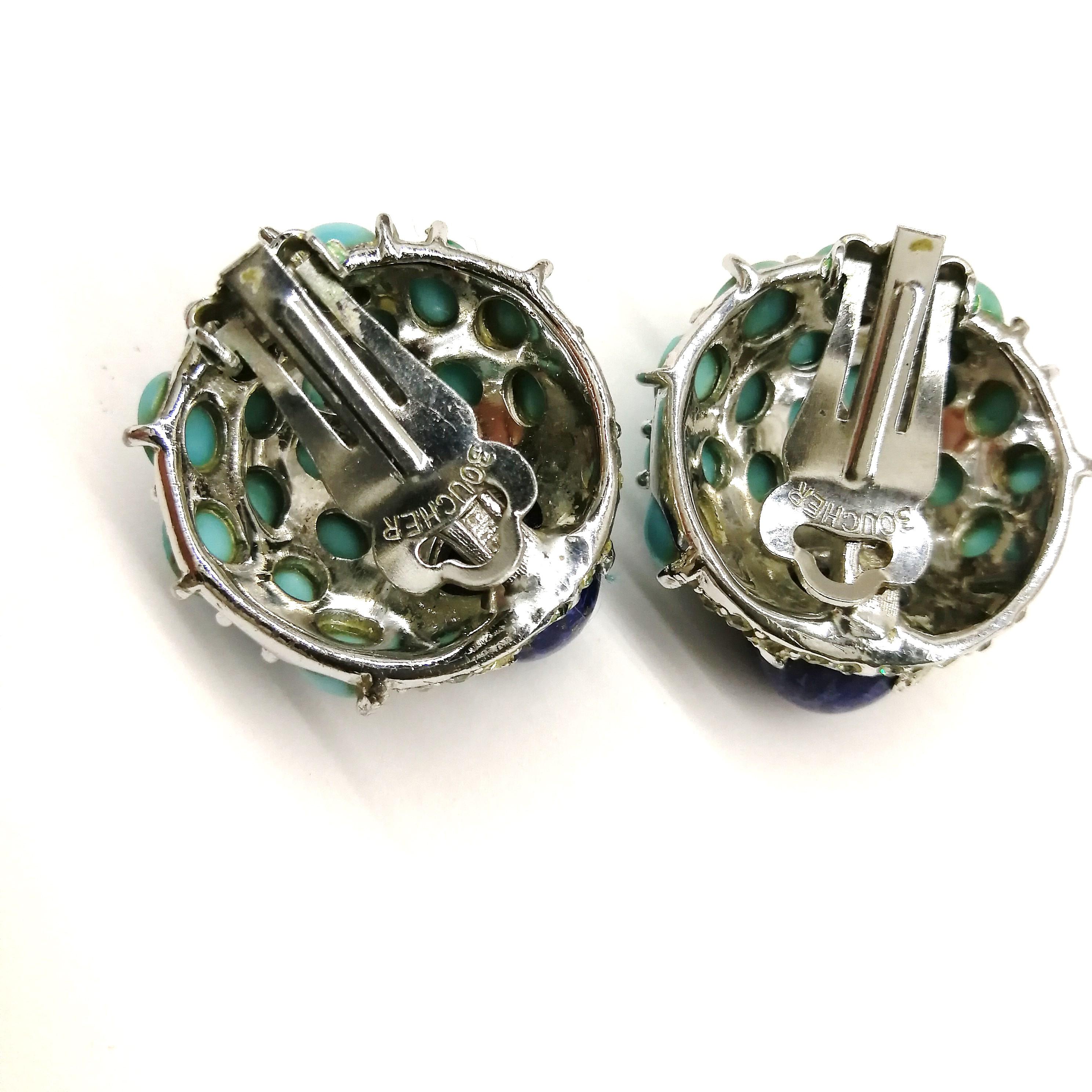 Lapis, turquoise cabochon, clear paste 'cluster' earrings, Marcel Boucher, 1960s 3