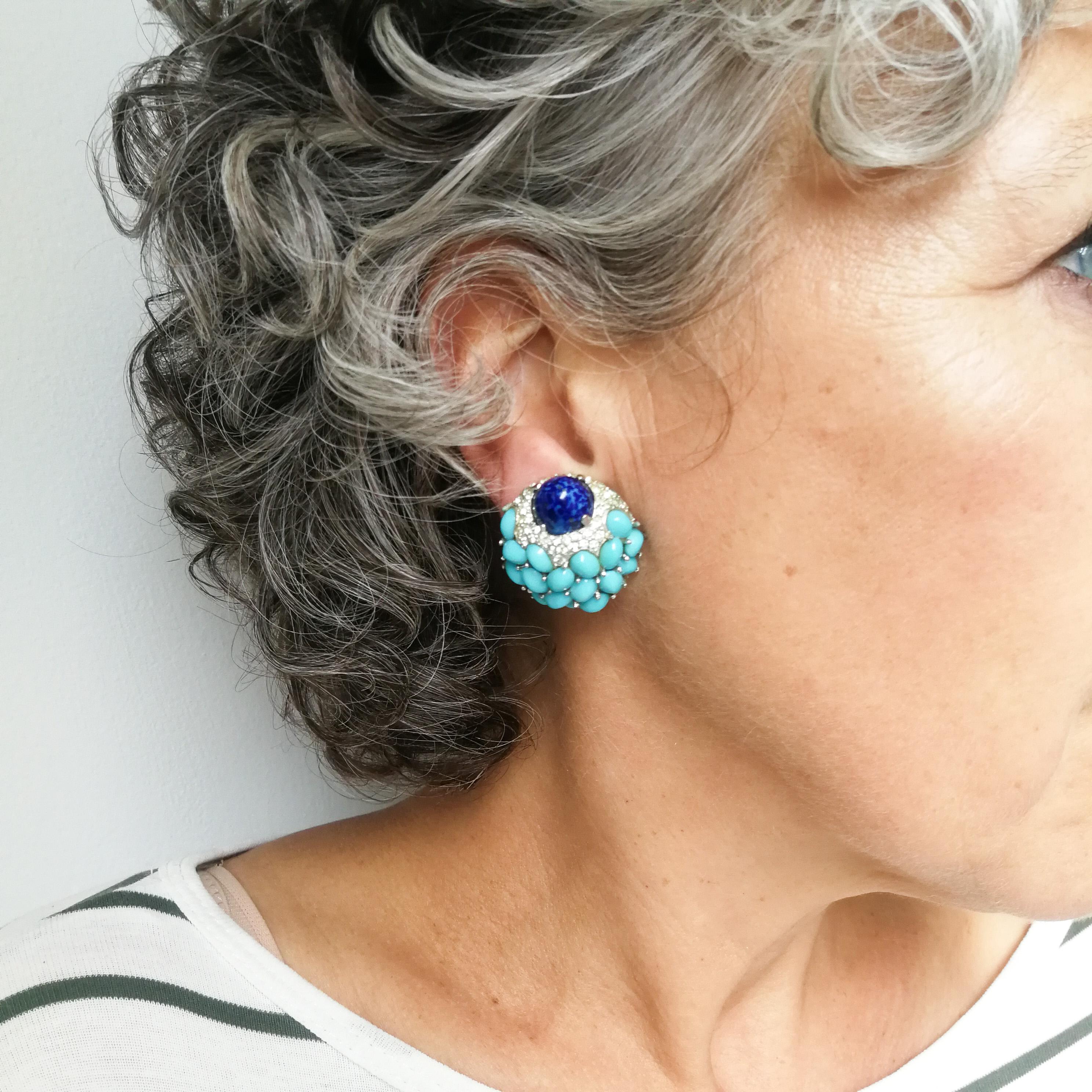 Lapis, turquoise cabochon, clear paste 'cluster' earrings, Marcel Boucher, 1960s 4