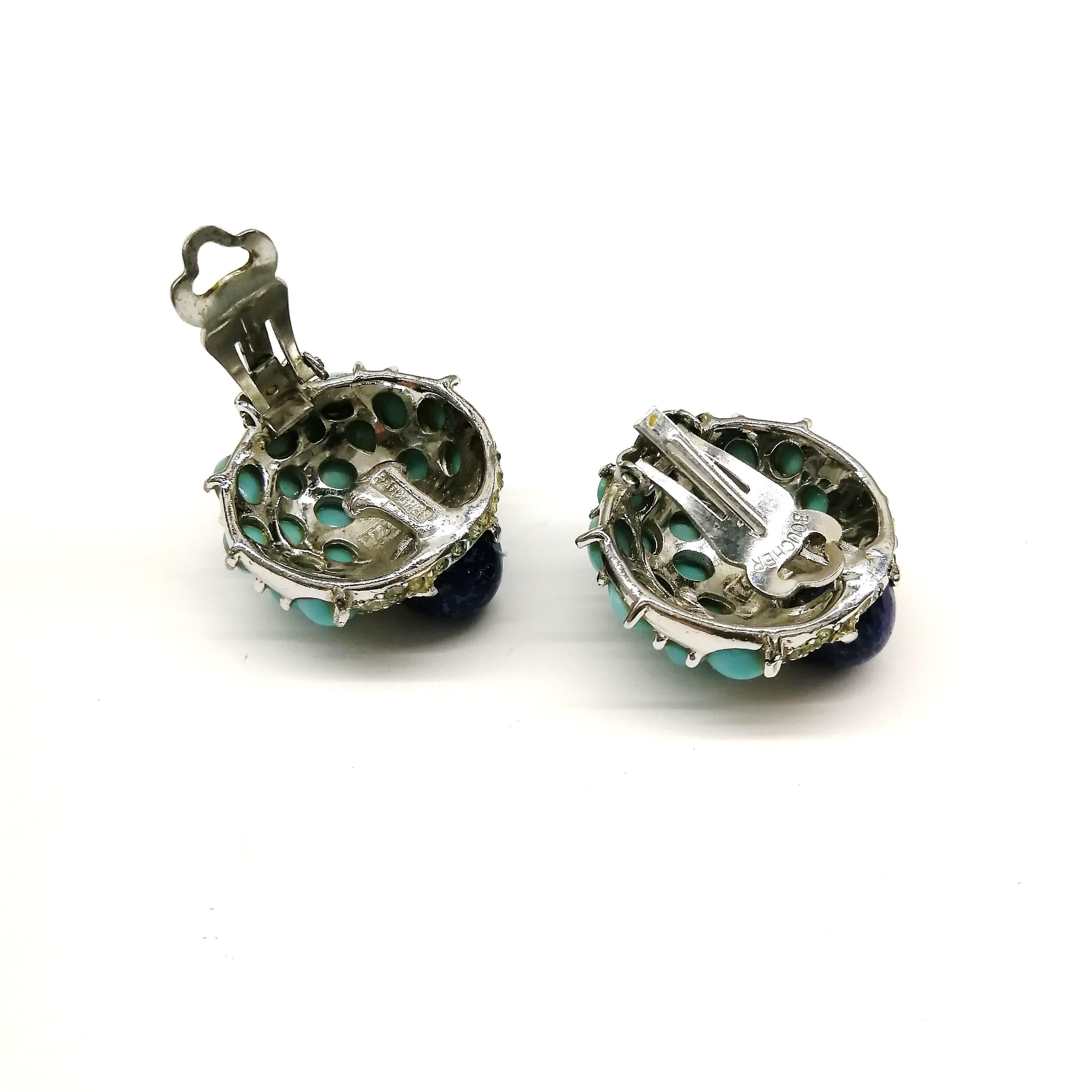 Lapis, turquoise cabochon, clear paste 'cluster' earrings, Marcel Boucher, 1960s 1