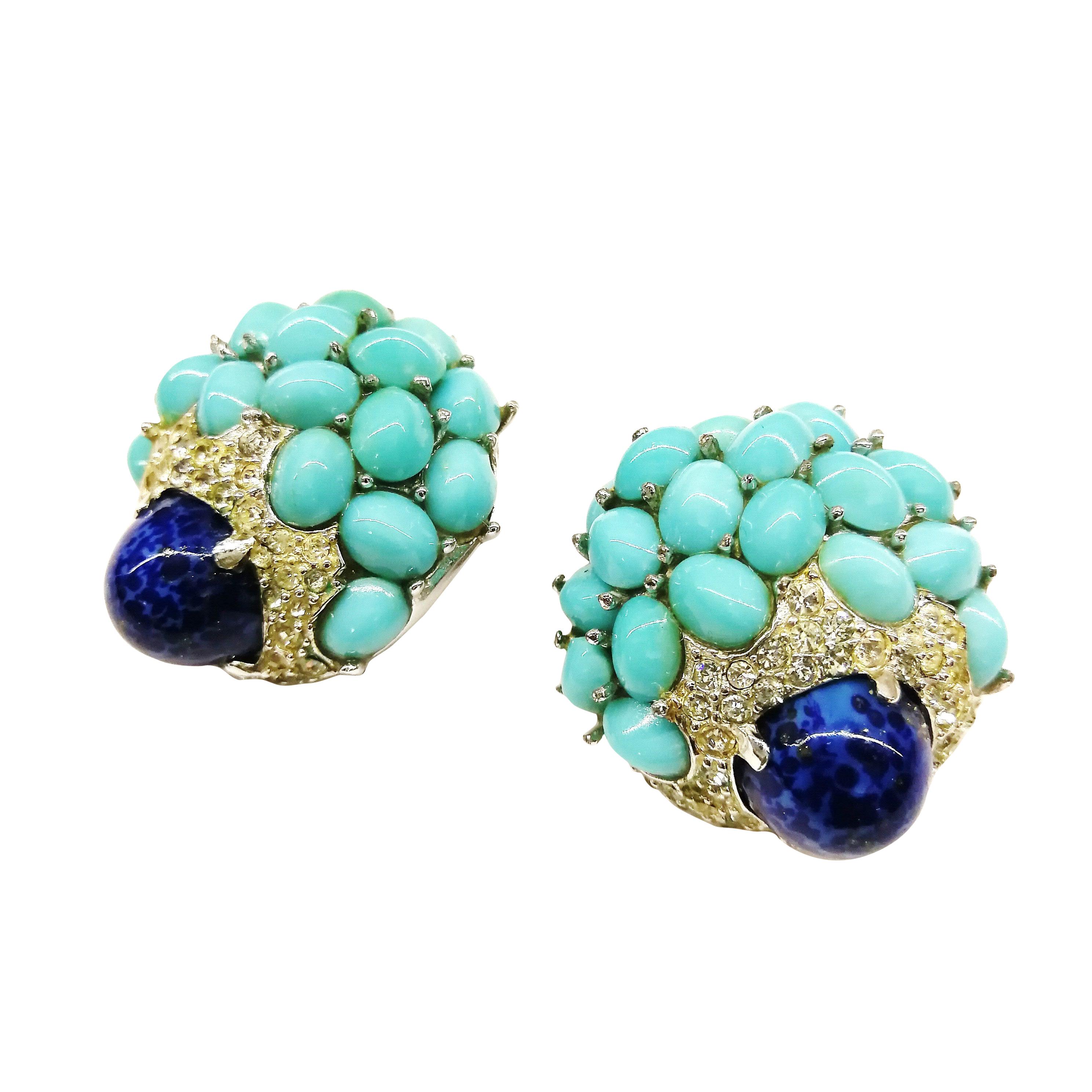 Lapis, turquoise cabochon, clear paste 'cluster' earrings, Marcel Boucher, 1960s
