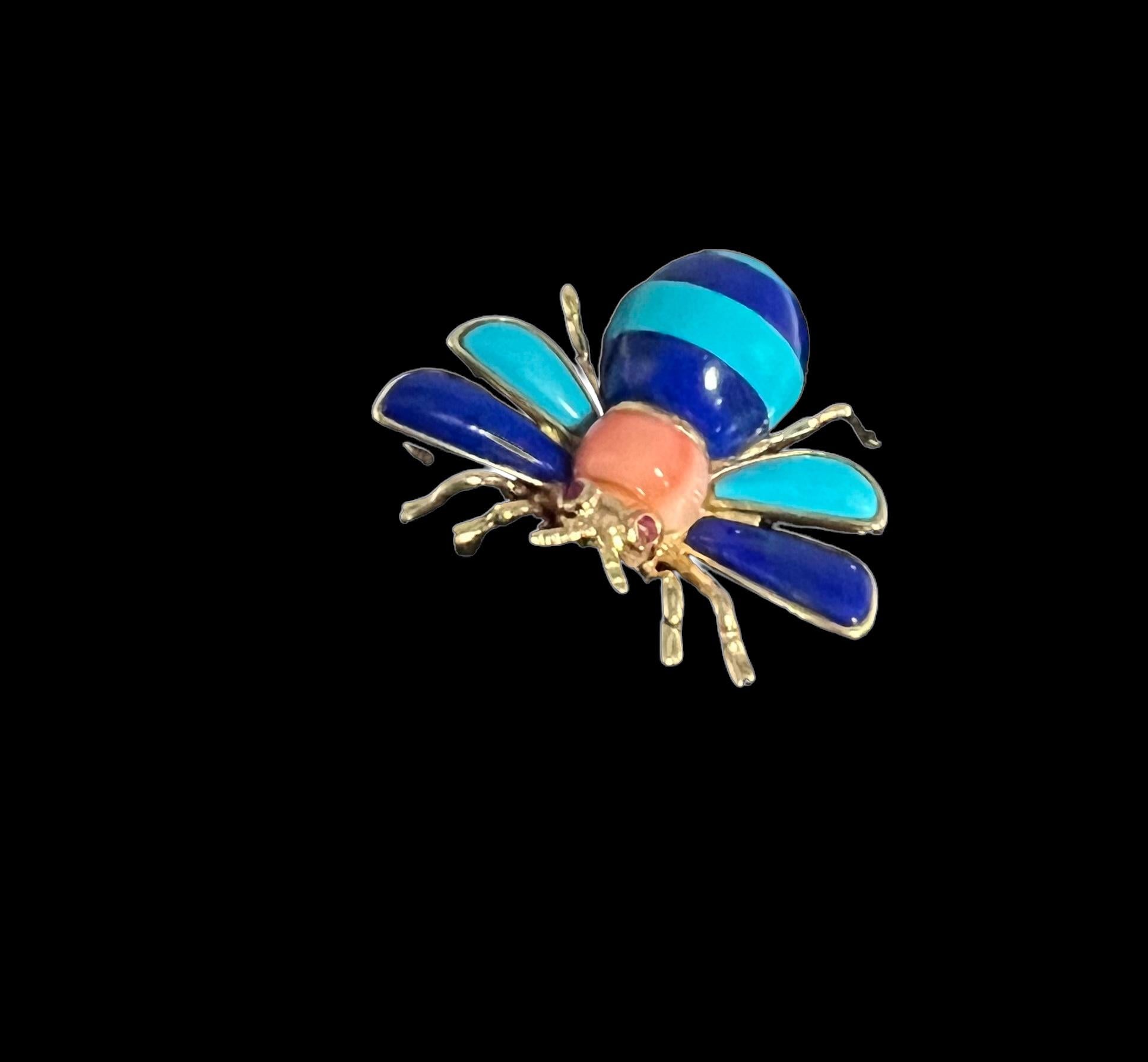 Contemporary Lapis Turquoise Coral Ruby Yellow Gold Bee Brooch 