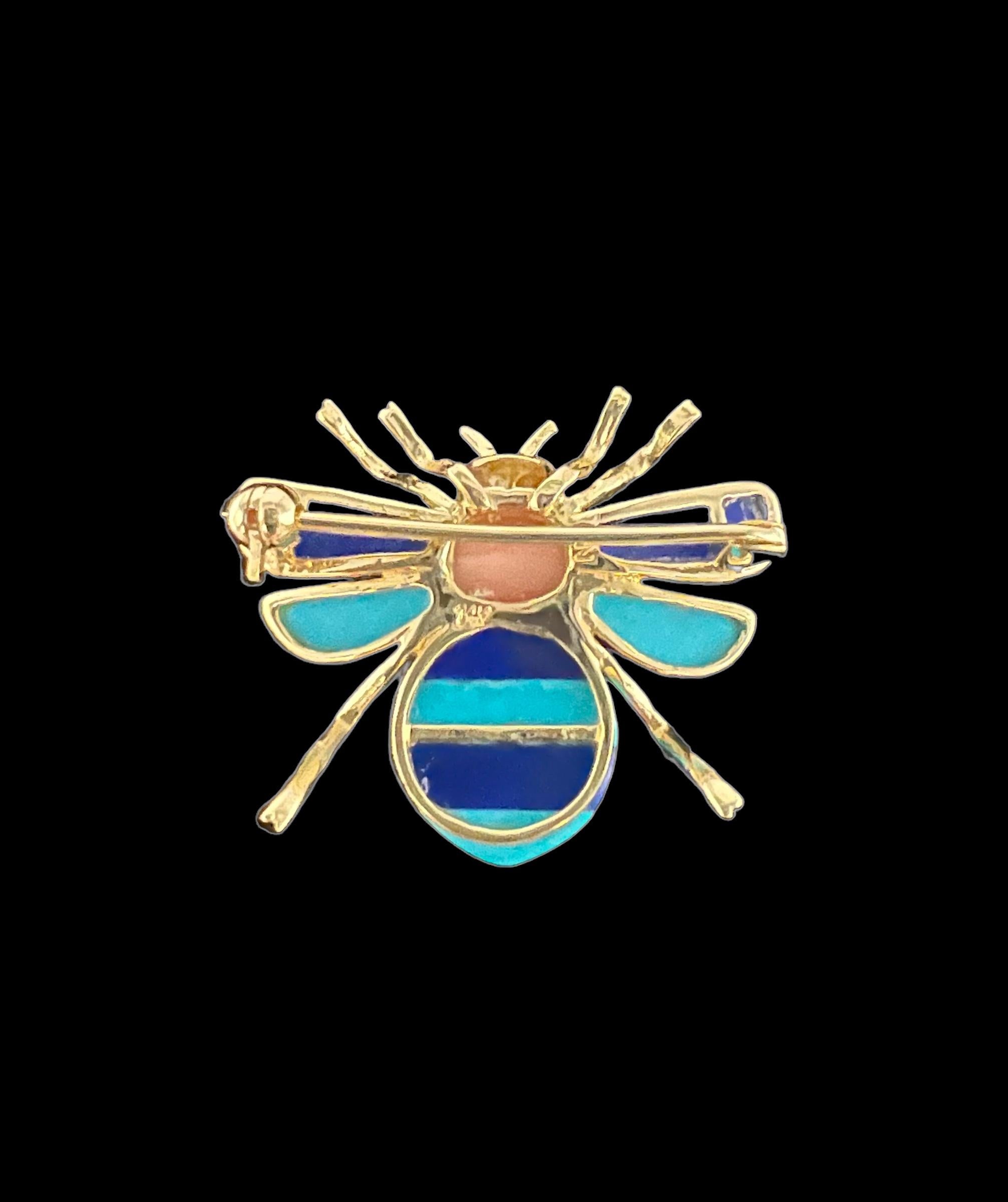 Mixed Cut Lapis Turquoise Coral Ruby Yellow Gold Bee Brooch 