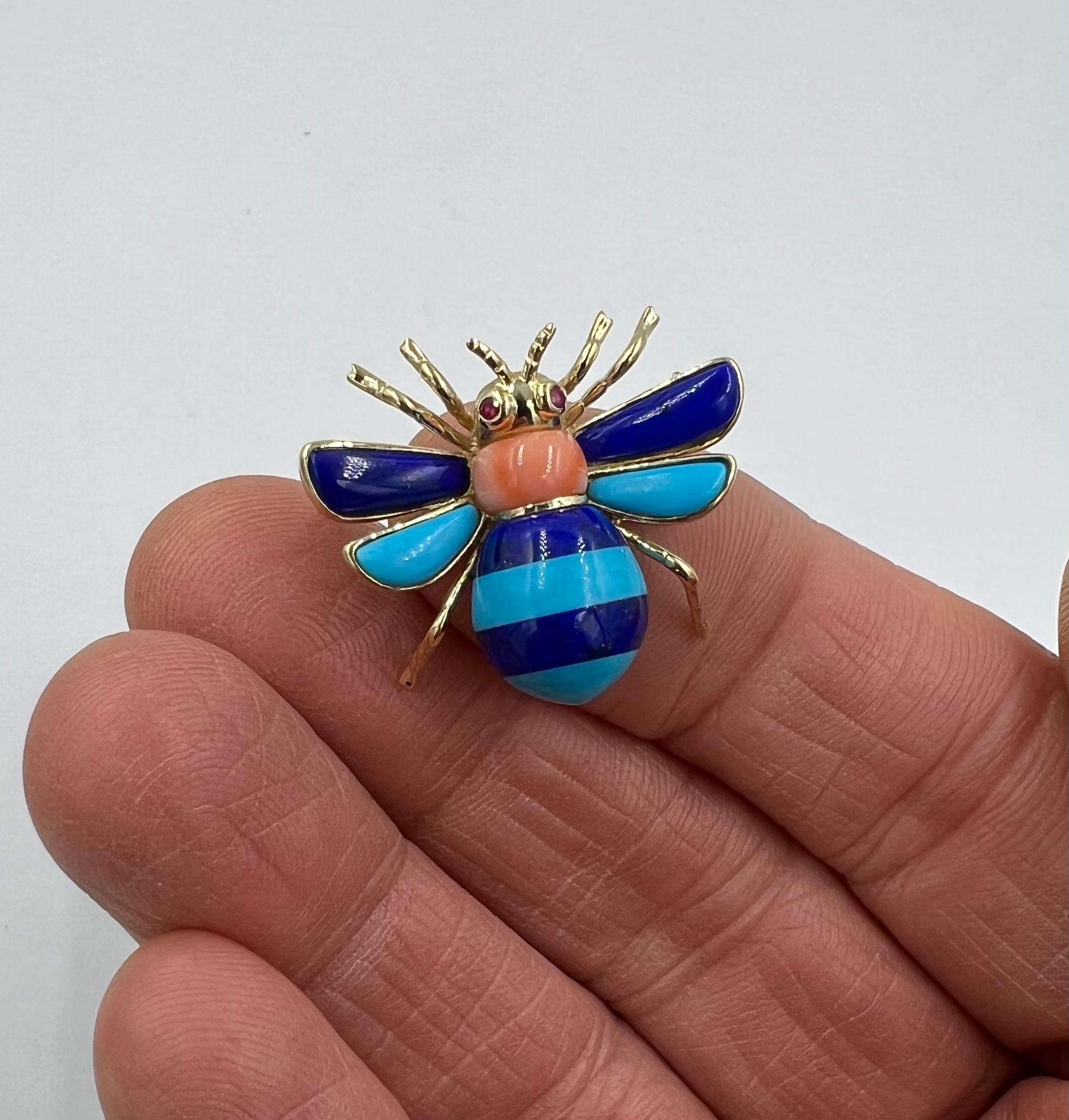 Lapis Turquoise Coral Ruby Yellow Gold Bee Brooch  In Good Condition In Los Angeles, CA