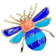 Lapis Turquoise Coral Ruby Yellow Gold Bee Brooch 