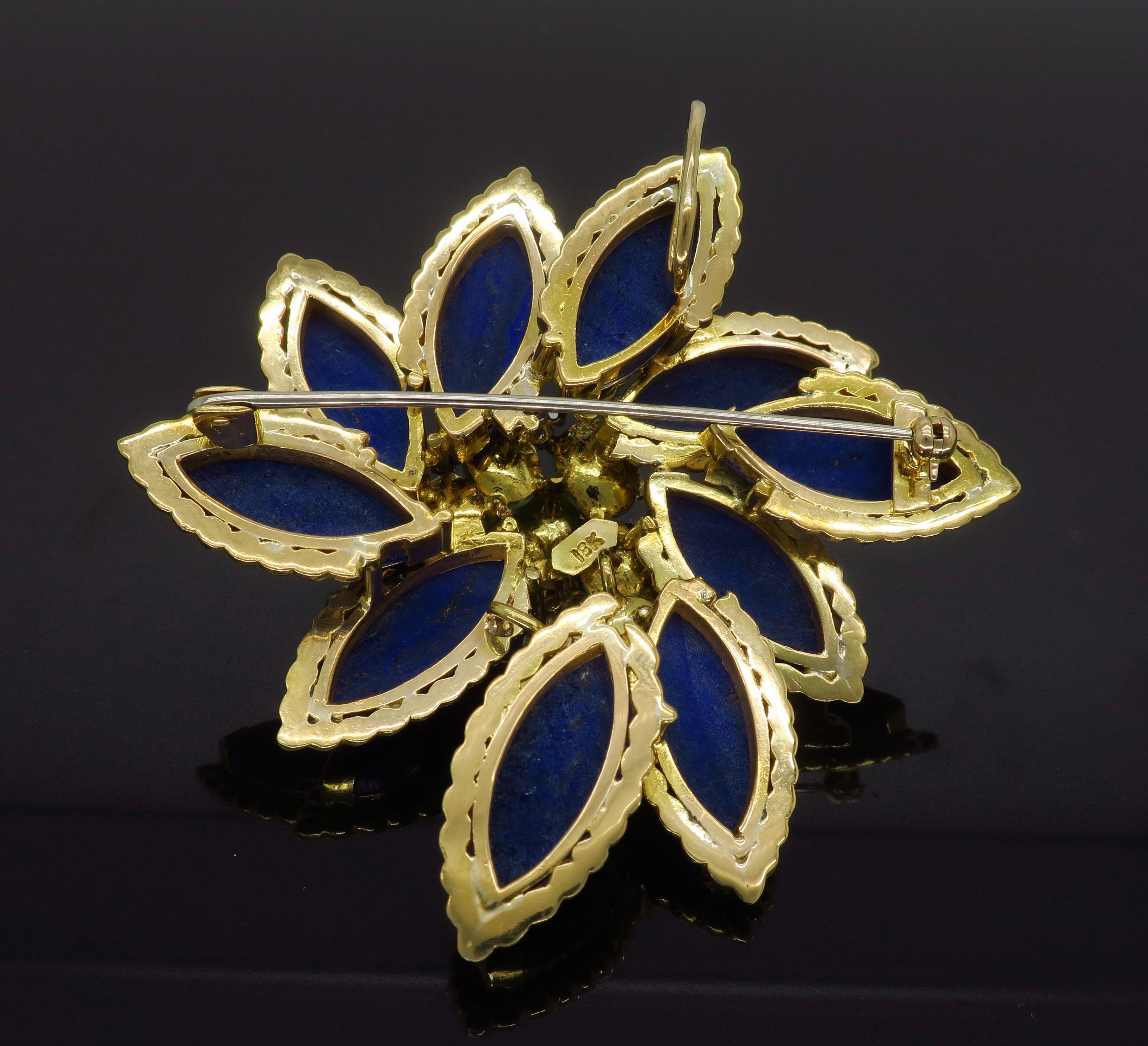 Lapis, Turquoise, and Diamond Floral Brooch In Excellent Condition In Webster, NY
