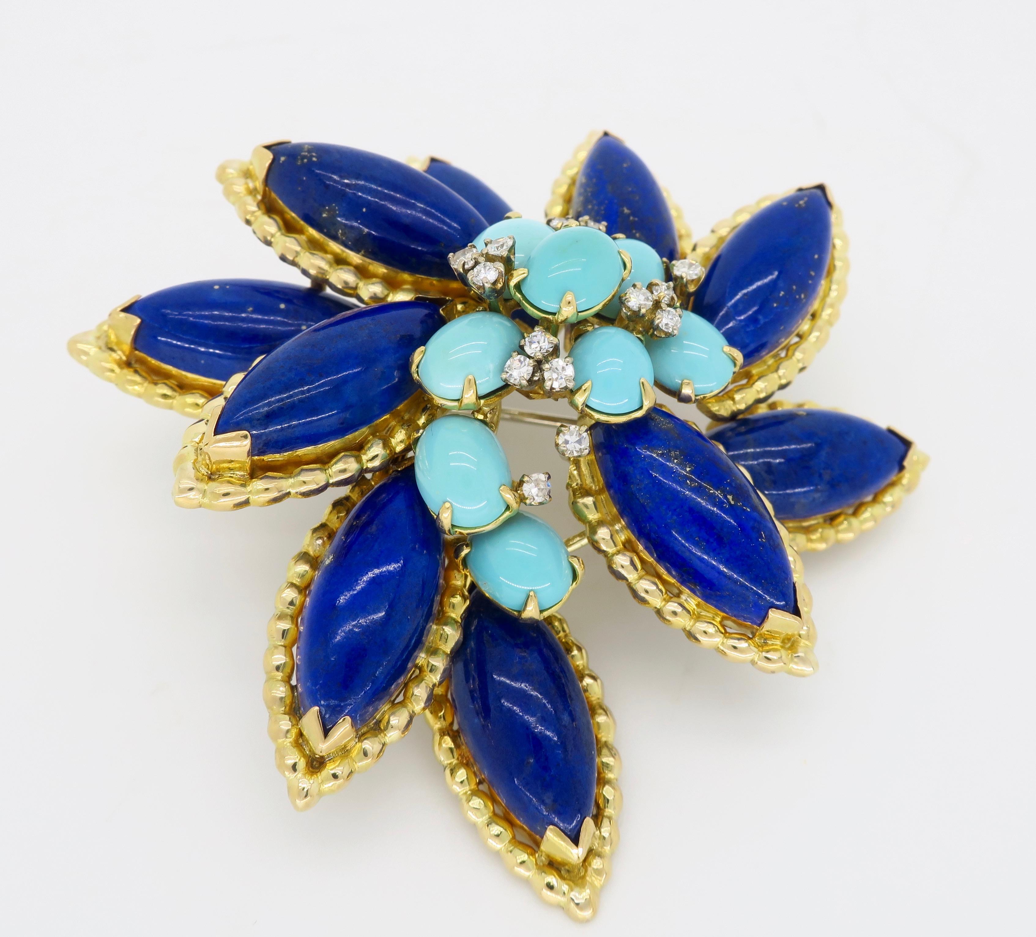 Women's or Men's Lapis, Turquoise, and Diamond Floral Brooch