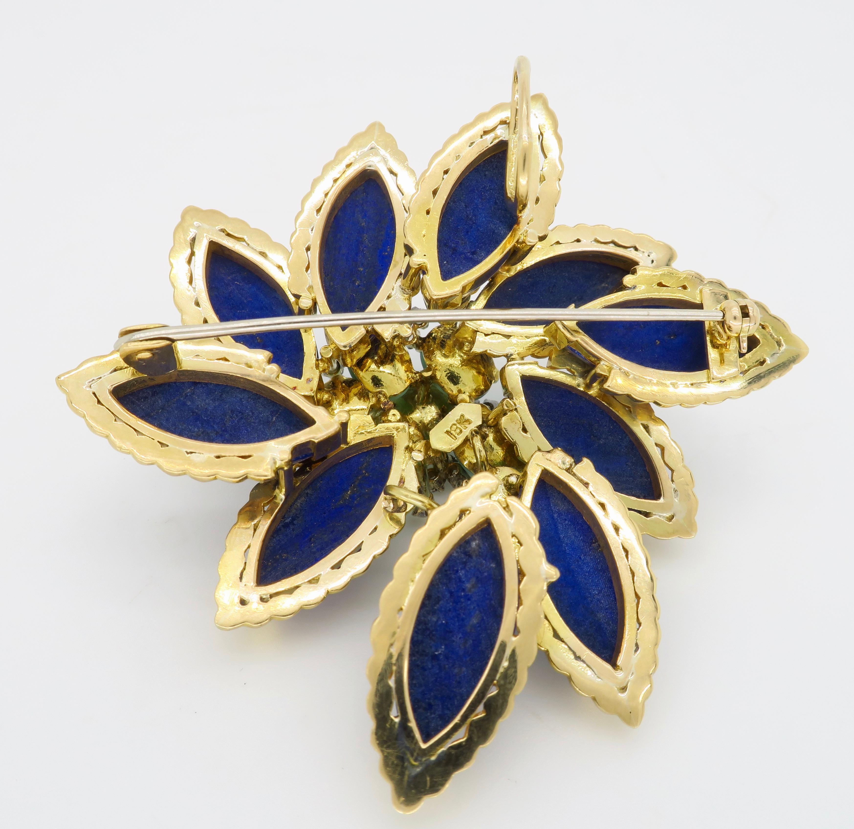 Lapis, Turquoise, and Diamond Floral Brooch 1