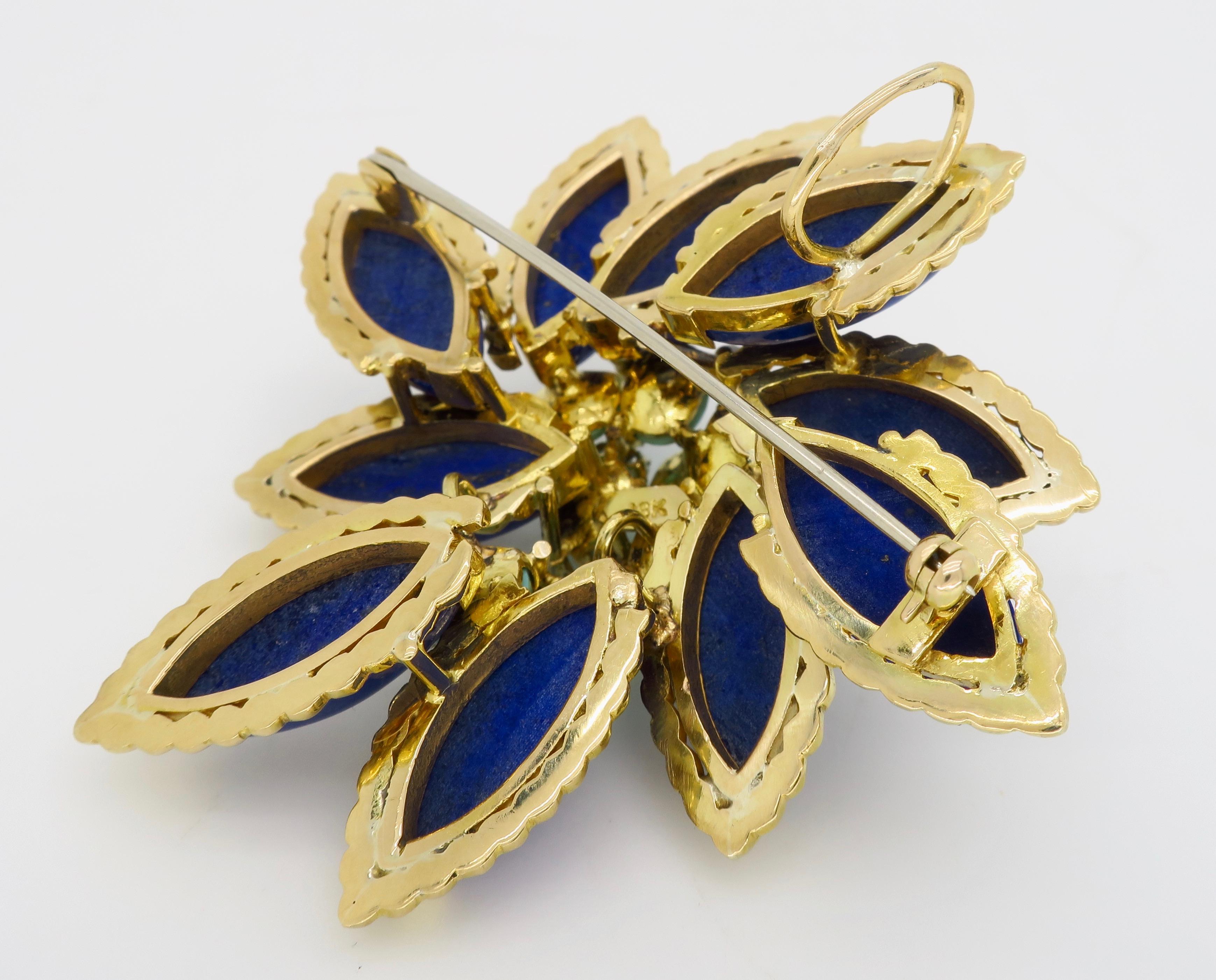 Lapis, Turquoise, and Diamond Floral Brooch 2