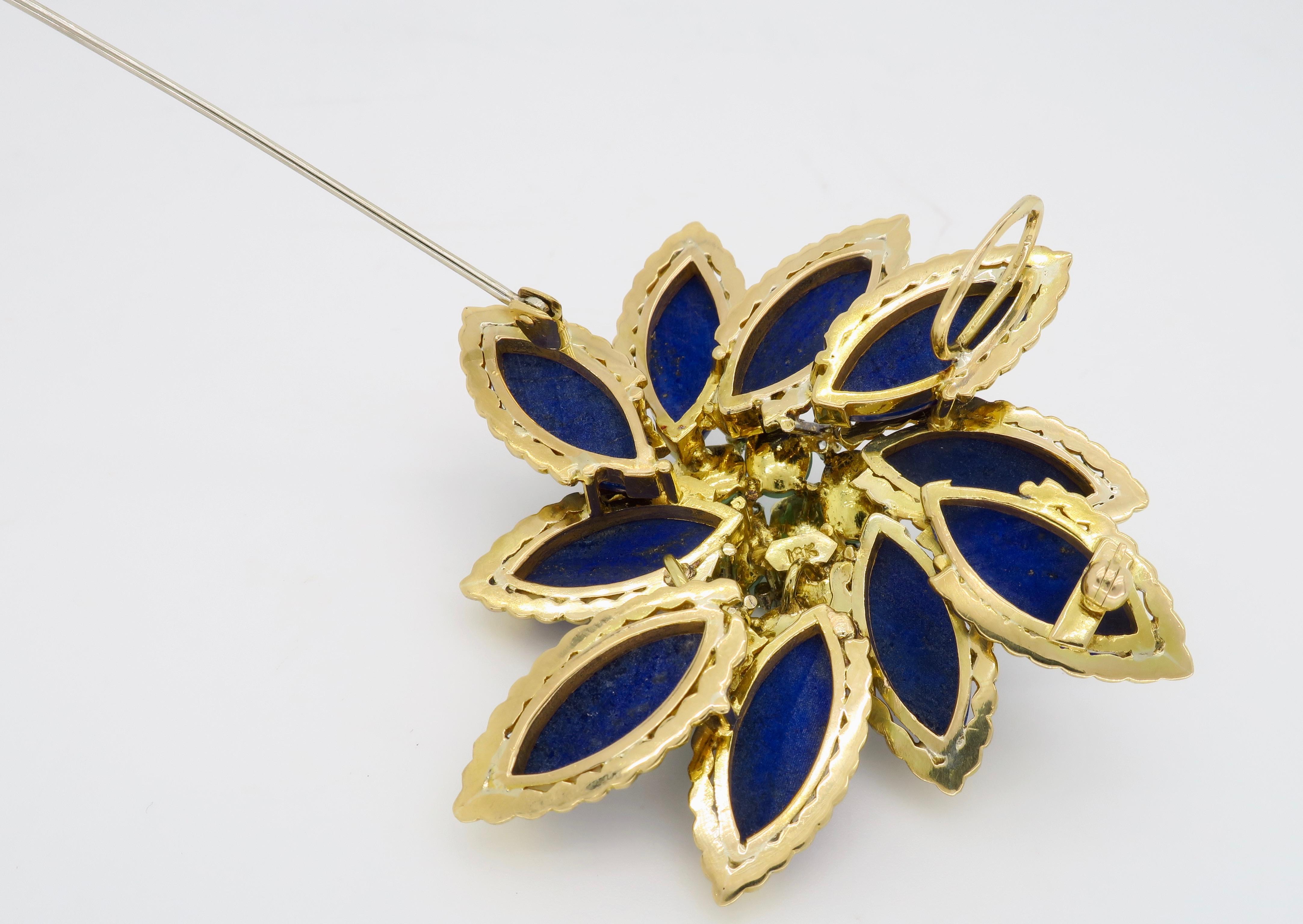 Lapis, Turquoise, and Diamond Floral Brooch 3