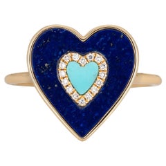 Lapis Turquoise Diamond Heart Ring 14 Karat Yellow Gold Fine Jewelry Inlay