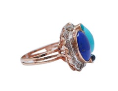 Lapis, Turquoise, Diamonds , Rose Gold and Silver Ring.