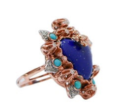 Lapis, Turquoise, Diamonds, Rose Gold and Silver Ring.