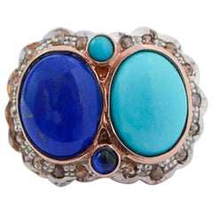 Lapis, Turquoise, Diamonds , Rose Gold and Silver Ring.