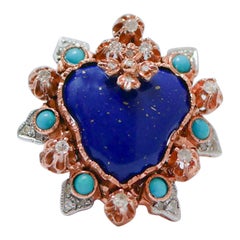 Lapis, Turquoise, Diamonds, Rose Gold and Silver Ring.