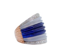 Lapis, White Agate, Diamonds, 14 Karat Rose Gold and White Gold Band Ring.