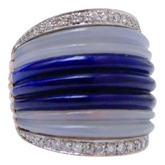Lapis, White Agate, Diamonds, 14 Karat Rose Gold and White Gold Band Ring.