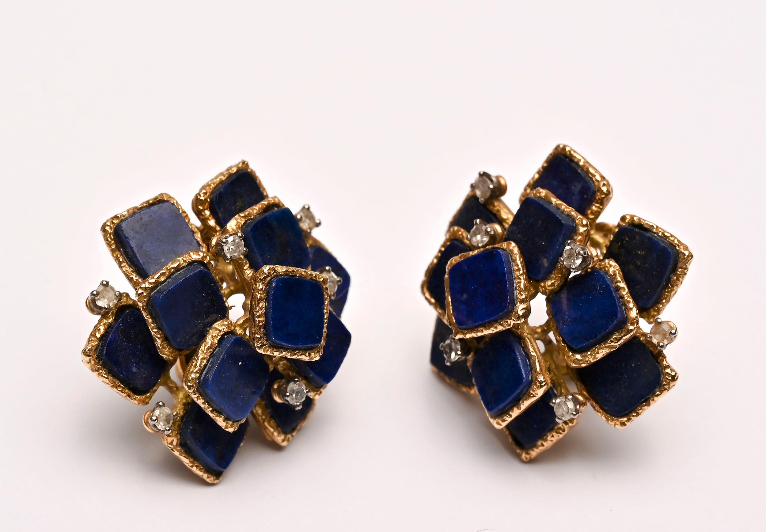 Contemporary Lapis with Diamonds Gold Earrings For Sale
