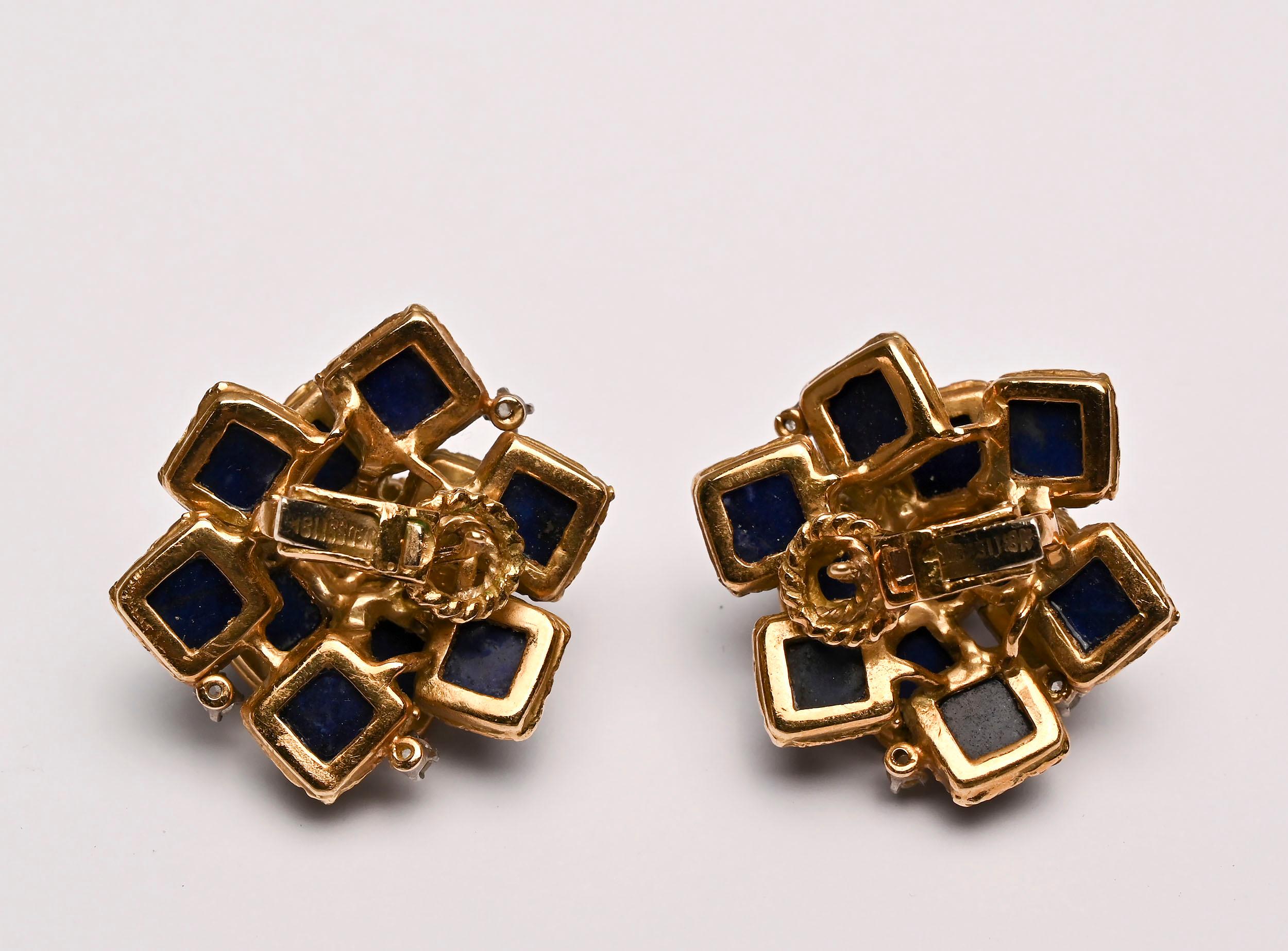 Uncut Lapis with Diamonds Gold Earrings For Sale