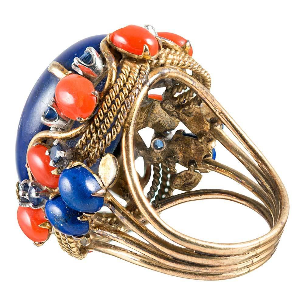 Lapis, Coral and Blue Sapphire Dome Ring In Excellent Condition In Carmel-by-the-Sea, CA