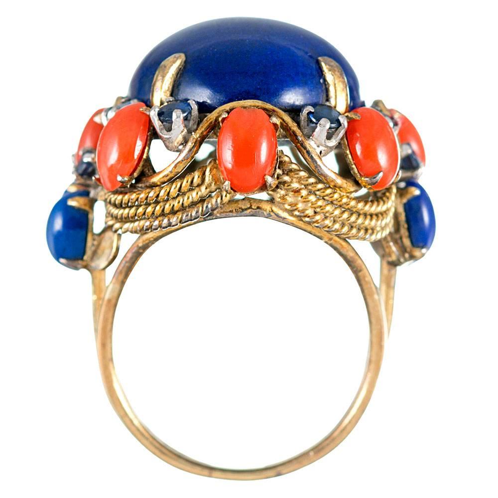 Women's or Men's Lapis, Coral and Blue Sapphire Dome Ring